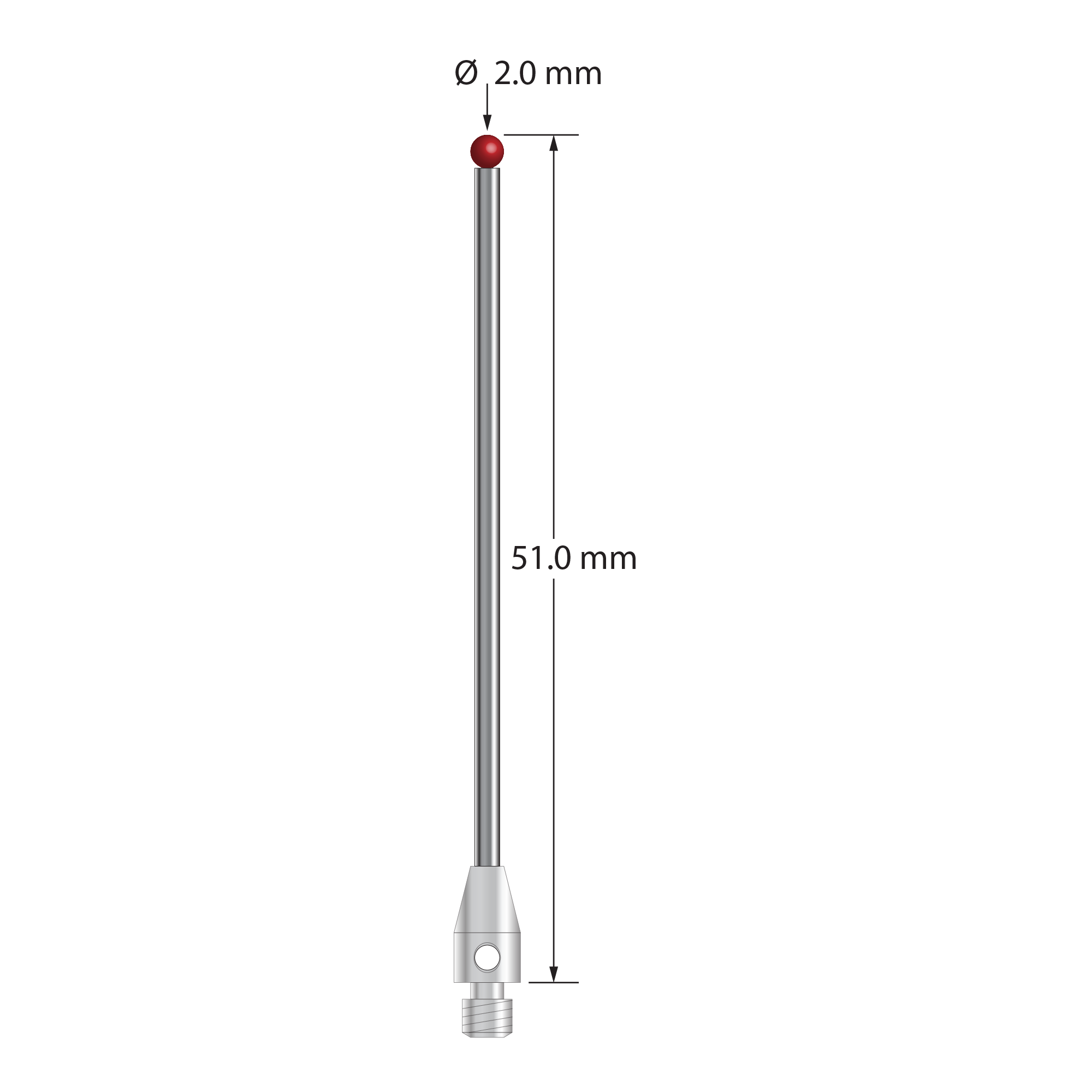 M3 stylus with 2.0 mm ruby ball, 1.5 mm diameter carbide stem, and 4.0 mm diameter x 7.0 mm long stainless steel base. Overall stylus length is 51.0 mm. Stylus weight is 1.75 grams.