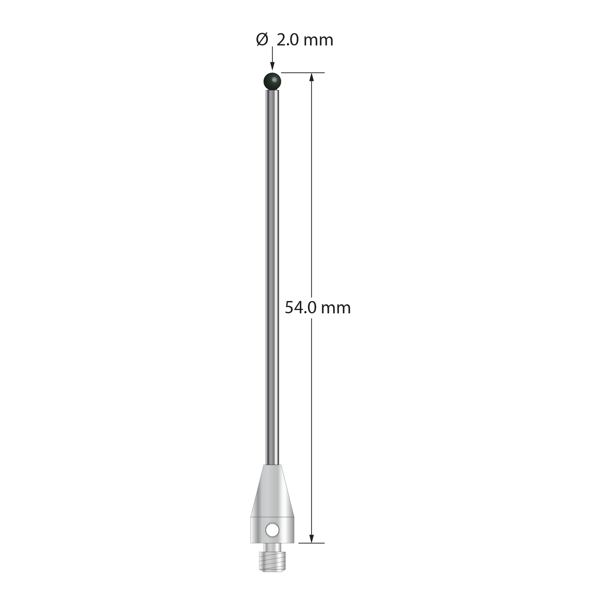 M3 XXT stylus with 2.0 mm diameter silicon nitride ball, 1.5 mm diameter carbide stem, and 5.0 mm diameter x 9.0 mm long titanium base. Overall stylus length is 54.0 mm. Stylus weight is 1.84 grams.