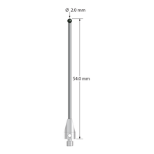 M3 XXT stylus with 2.0 mm diameter silicon nitride ball, 1.5 mm diameter carbide stem, and 5.0 mm diameter x 9.0 mm long titanium base. Overall stylus length is 54.0 mm. Stylus weight is 1.84 grams.