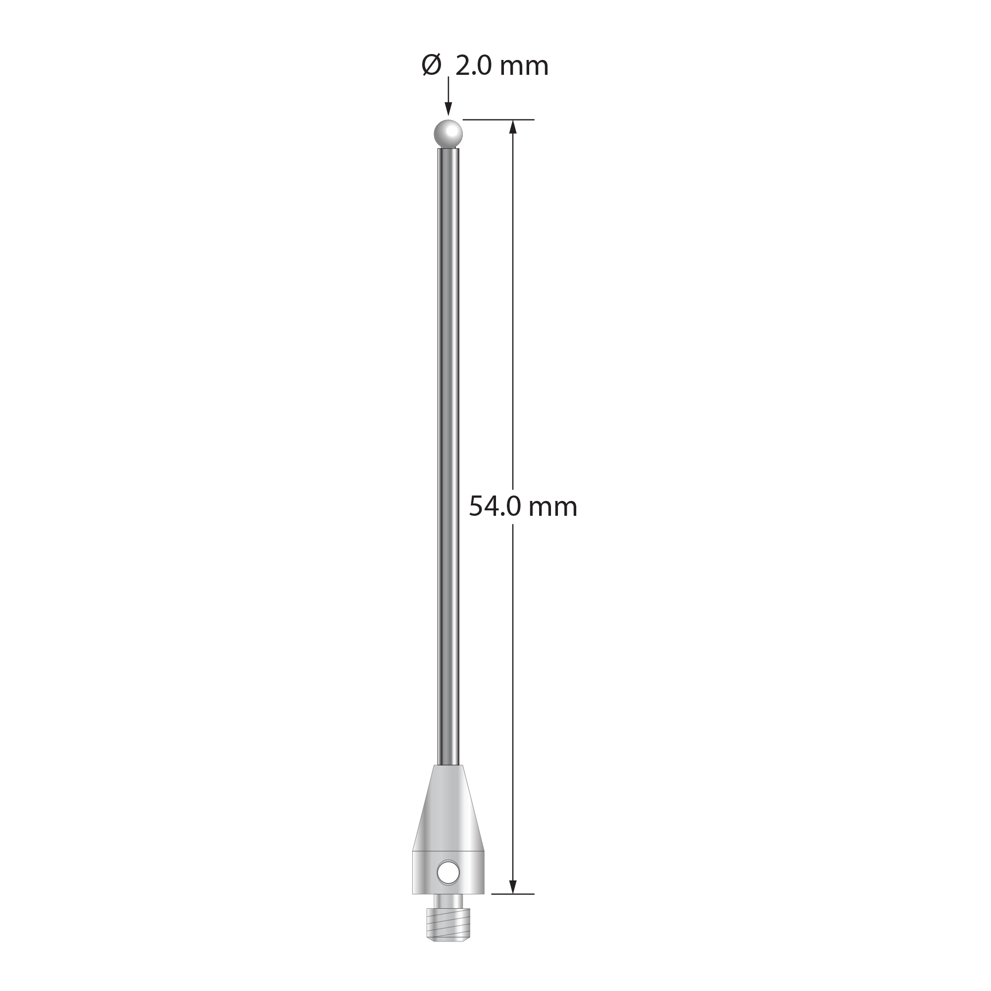 M3 XXT stylus with 2.0 mm diameter zirconia ball, 1.5 mm diameter carbide stem, and 5.0 mm diameter x 9.0 mm long titanium base. Overall stylus length is 54.0 mm. Stylus weight is 1.84 grams.