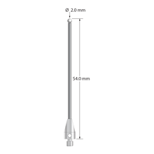 M3 XXT stylus with 2.0 mm diameter zirconia ball, 1.5 mm diameter carbide stem, and 5.0 mm diameter x 9.0 mm long titanium base. Overall stylus length is 54.0 mm. Stylus weight is 1.84 grams.