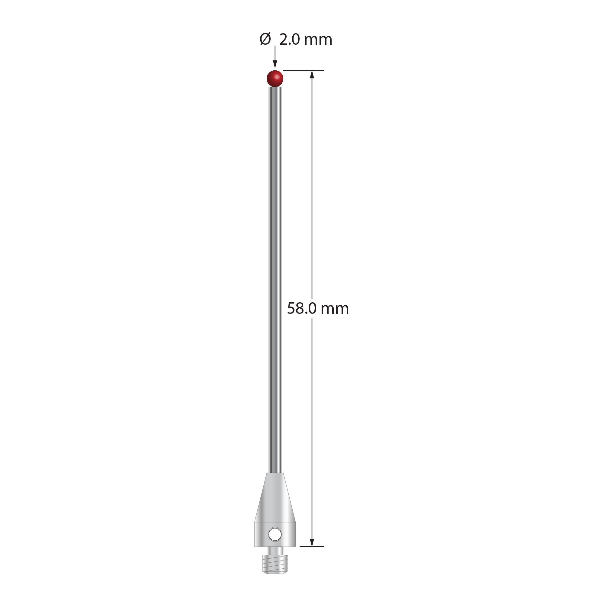 M3 XXT stylus with 2.0 mm diameter ruby ball, 1.5 mm diameter carbide stem, and 5.0 mm diameter x 9.0 mm long titanium base. Overall stylus length is 58.0 mm. Stylus weight is 1.77 grams. Compare to Zeiss 626103-0244-058.