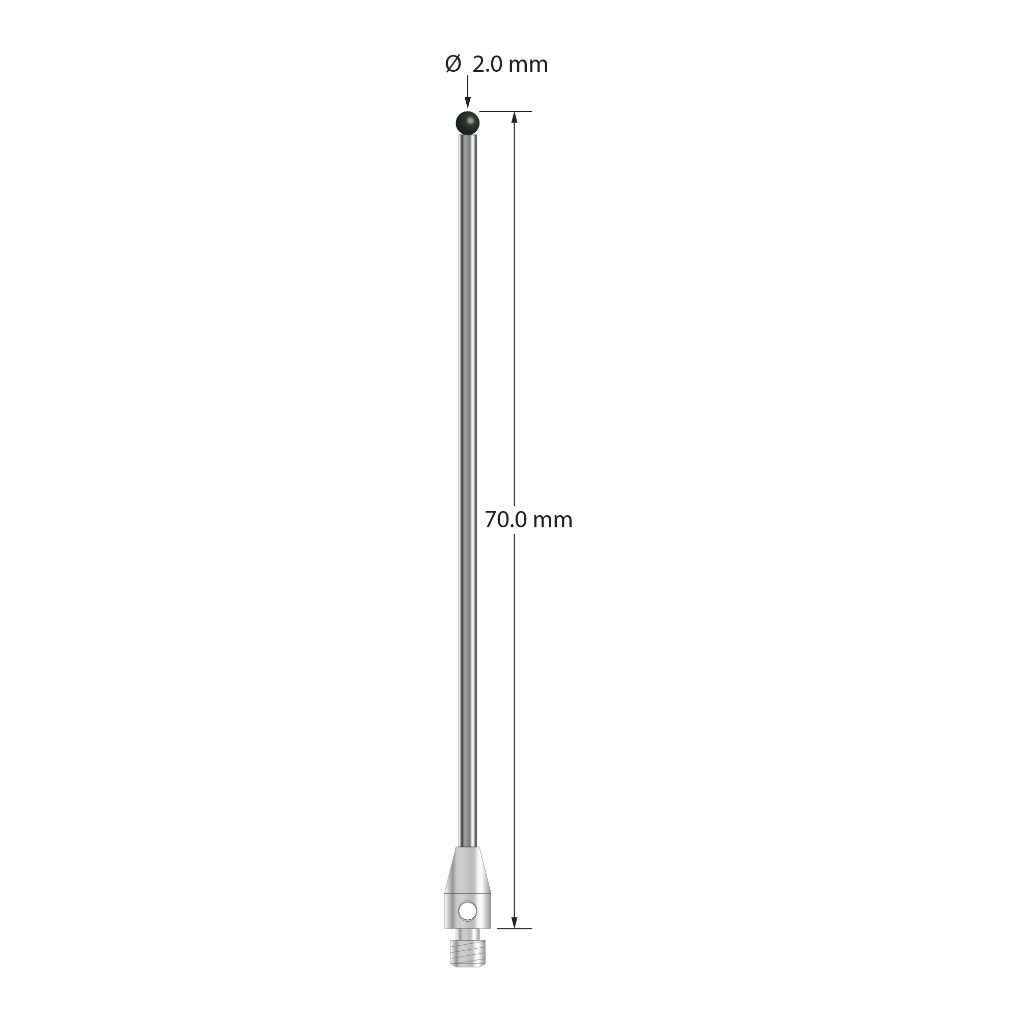 M3 stylus with 3.0 mm diameter silicon nitride ball, 2.0 mm diameter carbide shaft, and 4.0 mm diameter x 7.0 mm long stainless steel base. Overall stylus length is 70.0 mm. Stylus weight is 3.46 grams.