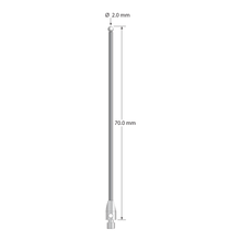 M3 stylus with 2.0 mm diameter zirconia ball, 1.5 mm diameter carbide stem, and 4.0 mm diameter x 7.0 mm long stainless steel base. Overall stylus length is 70.0 mm. Stylus weight is 2.23 grams.