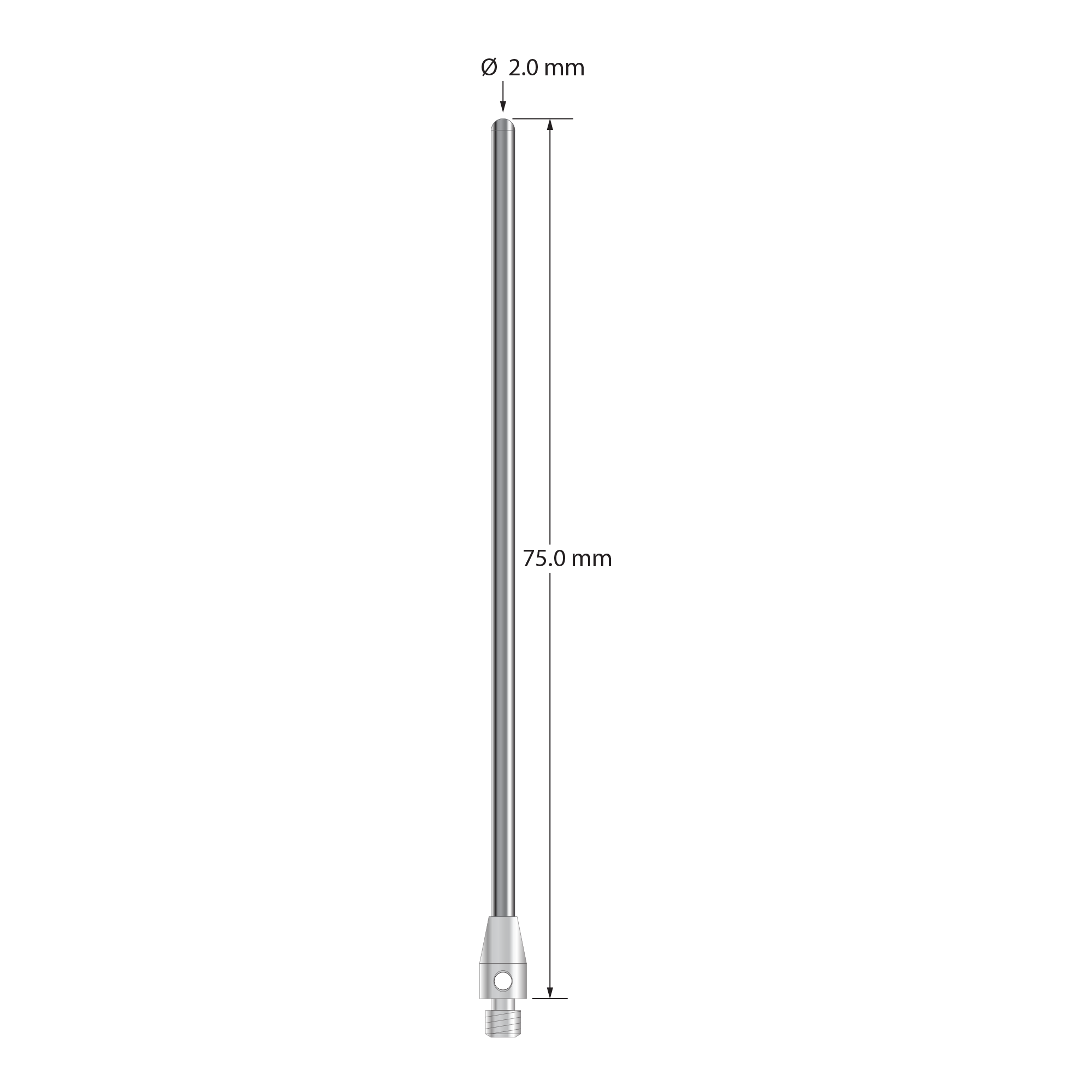 M3 cylinder stylus with 2.0 mm diameter carbide cylinder and 4.0 mm diameter x 7.0 mm long stainless steel base. Overall stylus length is 75.0 mm. Stylus weight is 3.60 grams.