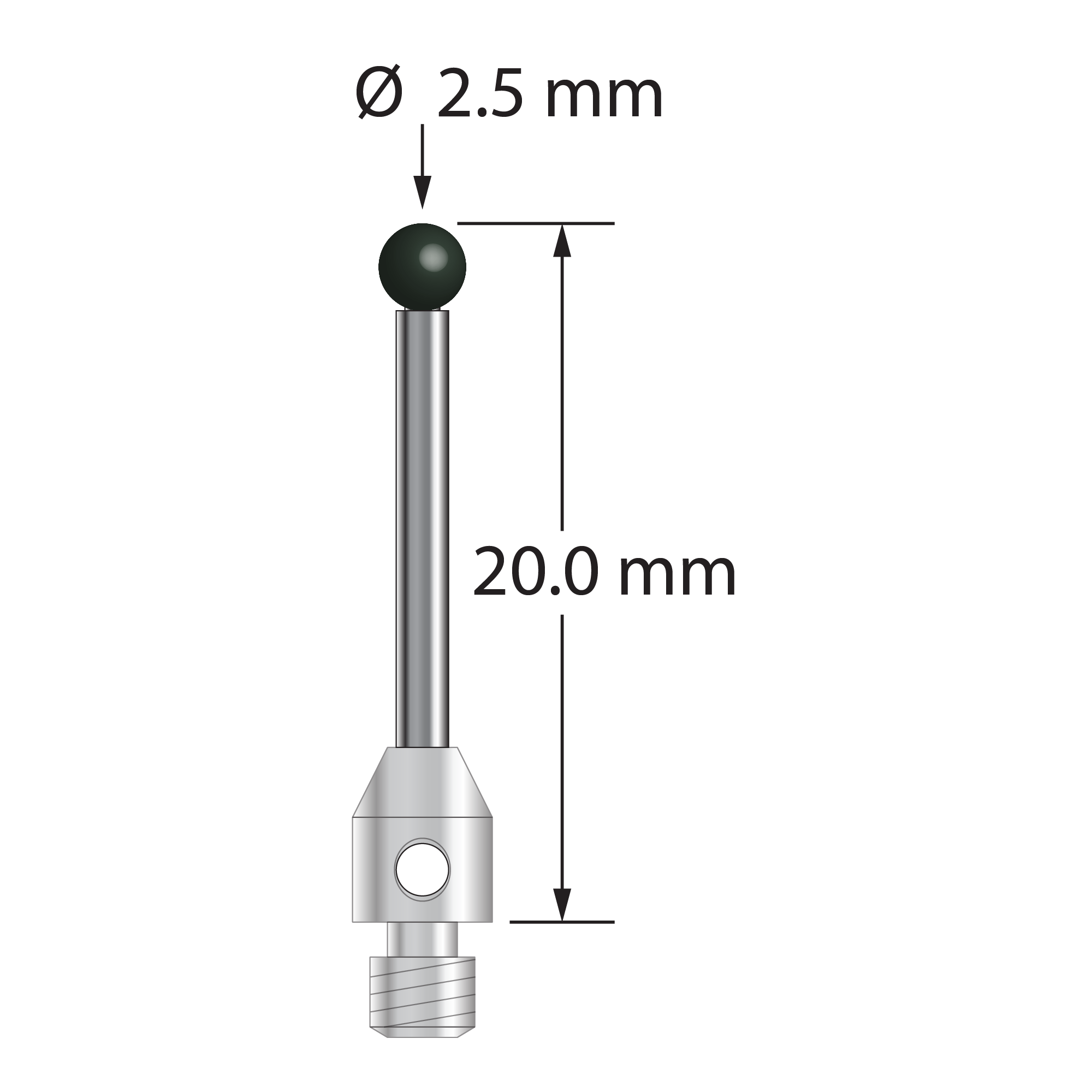 M3 stylus with 2.5 mm diameter silicon nitride ball, 1.5 mm diameter carbide stem, and 4.0 mm diameter x 5.0 mm long stainless steel base. Overall stylus length 20.0 mm. Stylus weight is 1.05 grams.