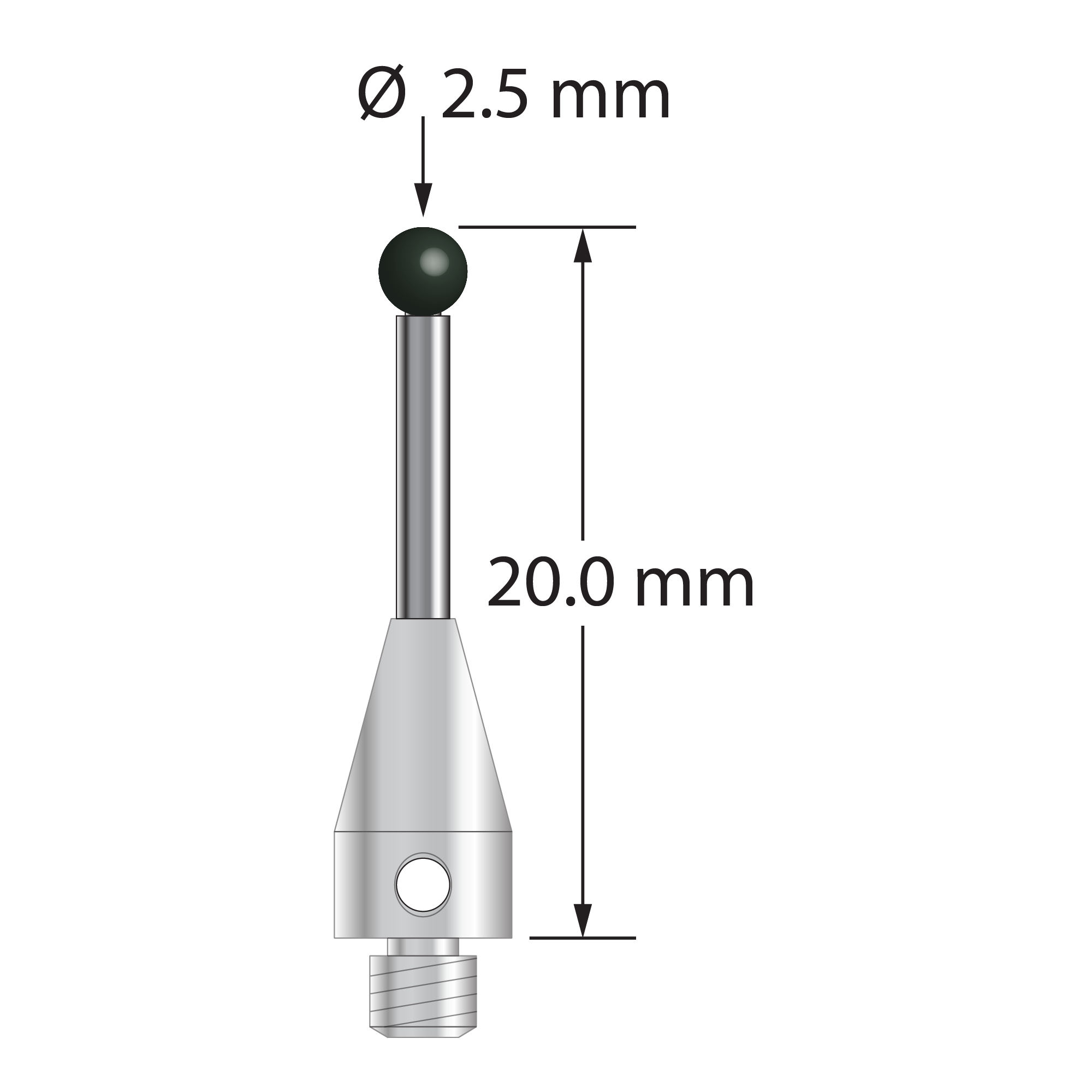 M3 XXT stylus with 2.5 mm diameter silicon nitride ball, 1.5 mm diameter carbide stem, and 5.0 mm diameter x 9.0 mm long titanium base. Overall stylus length is 20.0 mm. Stylus weight is 0.79 gram. Compare to Zeiss 626113-0251-020.