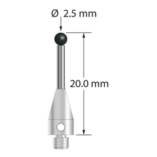 M3 XXT stylus with 2.5 mm diameter silicon nitride ball, 1.5 mm diameter carbide stem, and 5.0 mm diameter x 9.0 mm long titanium base. Overall stylus length is 20.0 mm. Stylus weight is 0.79 gram. Compare to Zeiss 626113-0251-020.