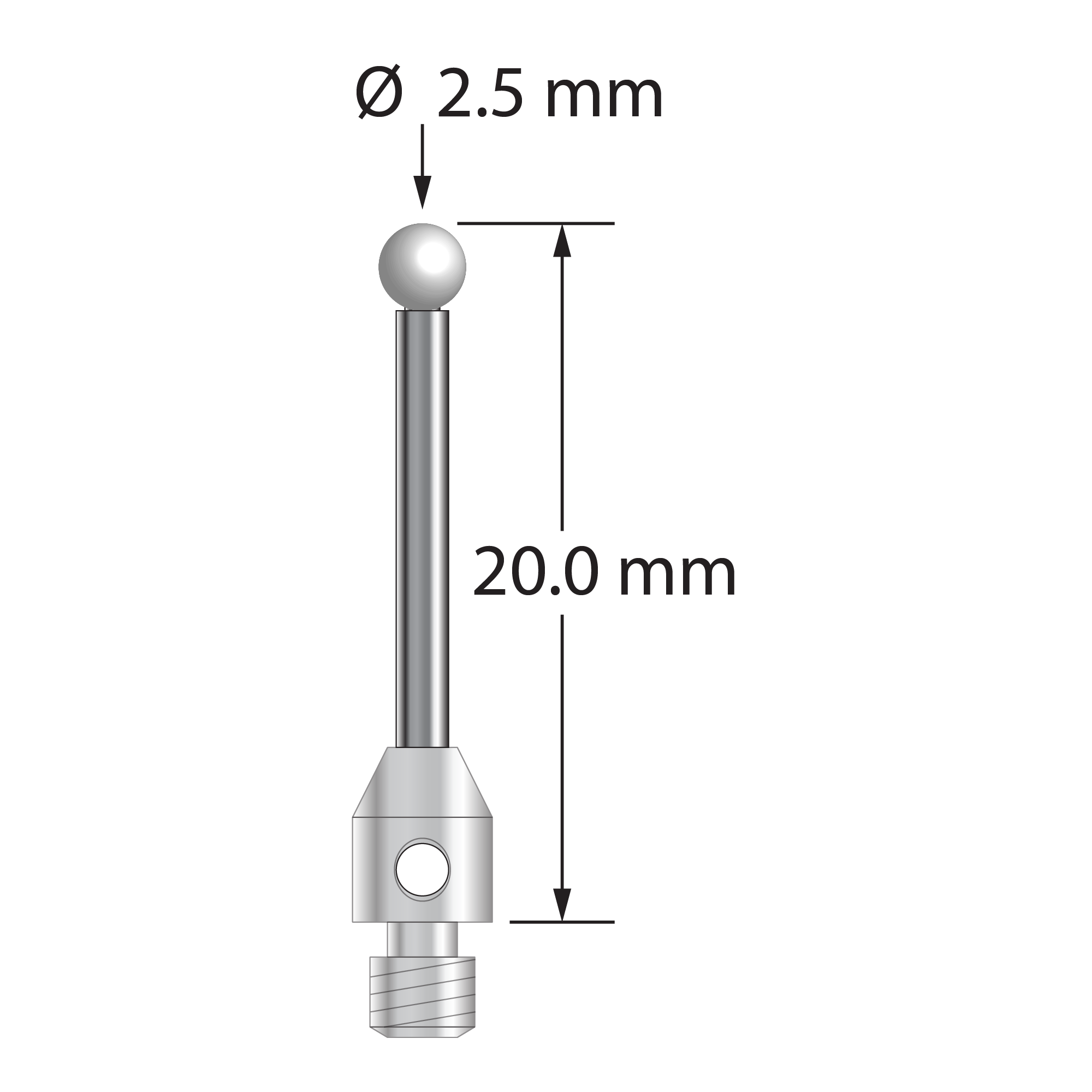 M3 stylus with 2.5 mm diameter zirconia ball, 1.5 mm diameter carbide stem, and 4.0 mm diameter x 5.0 mm long stainless steel base. Overall stylus length 20.0 mm. Stylus weight is 1.05 grams.