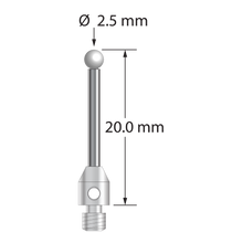 M3 stylus with 2.5 mm diameter zirconia ball, 1.5 mm diameter carbide stem, and 4.0 mm diameter x 5.0 mm long stainless steel base. Overall stylus length 20.0 mm. Stylus weight is 1.05 grams.