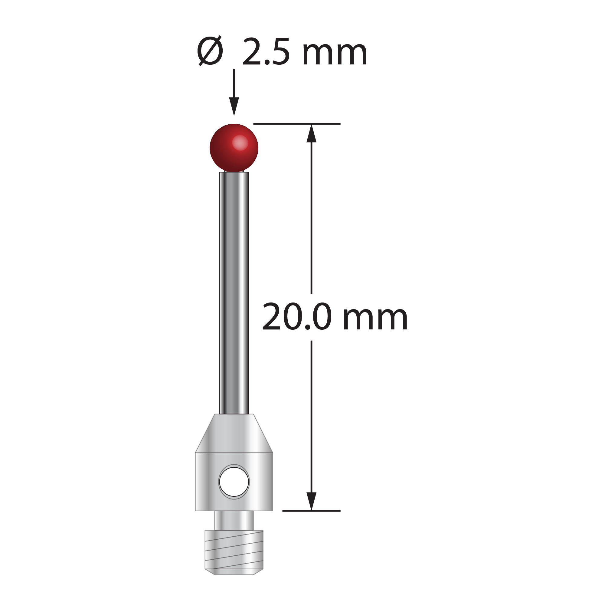 M3 stylus with 2.5 mm diameter ruby ball, 1.5 mm diameter carbide stem, and 4.0 mm diameter x 5.0 mm long stainless steel base. Overall stylus length 20.0 mm. Stylus weight is 1.05 grams.