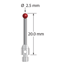 M3 stylus with 2.5 mm diameter ruby ball, 1.5 mm diameter carbide stem, and 4.0 mm diameter x 5.0 mm long stainless steel base. Overall stylus length 20.0 mm. Stylus weight is 1.05 grams.