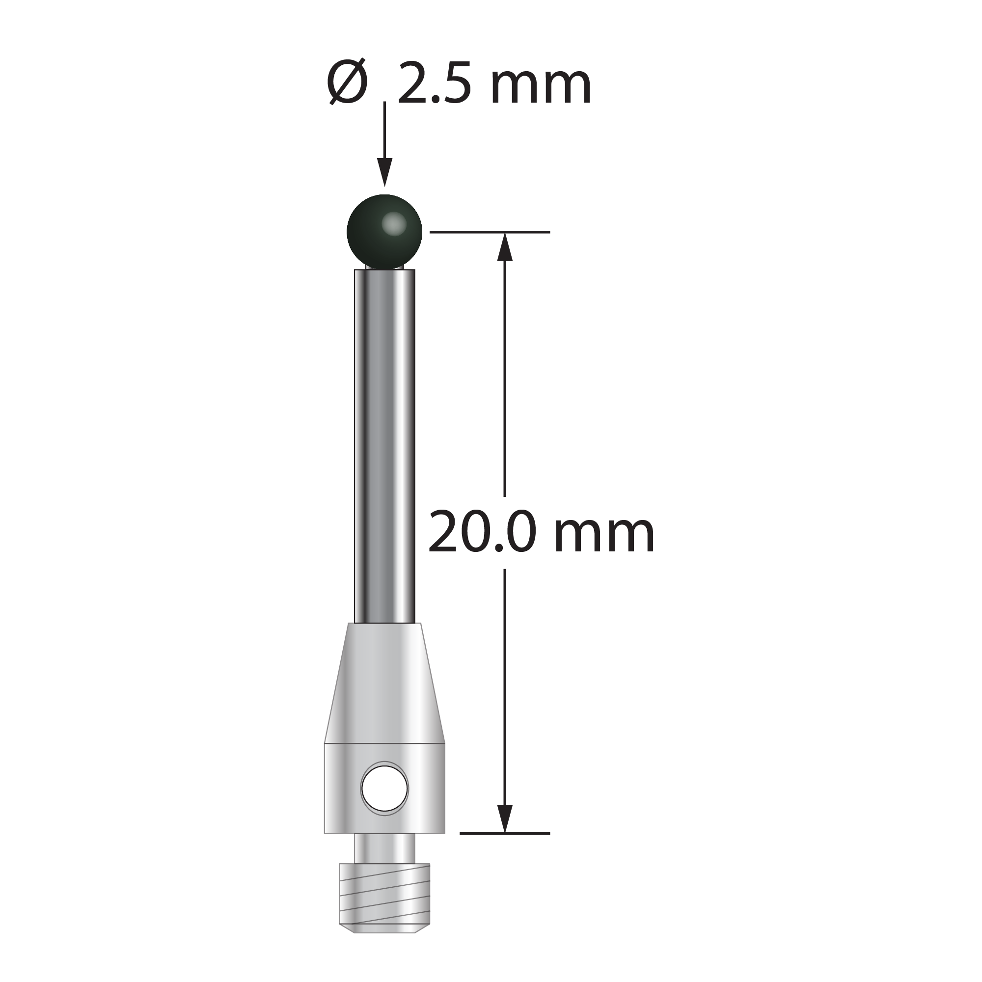 M3 stylus with 2.5 mm diameter silicon nitride ball, 2.0 mm diameter carbide stem, and 4.0 mm diameter x 7.0 mm long stainless steel base. Stylus length to ball center is 20.0 mm. Stylus weight is 1.25 grams.