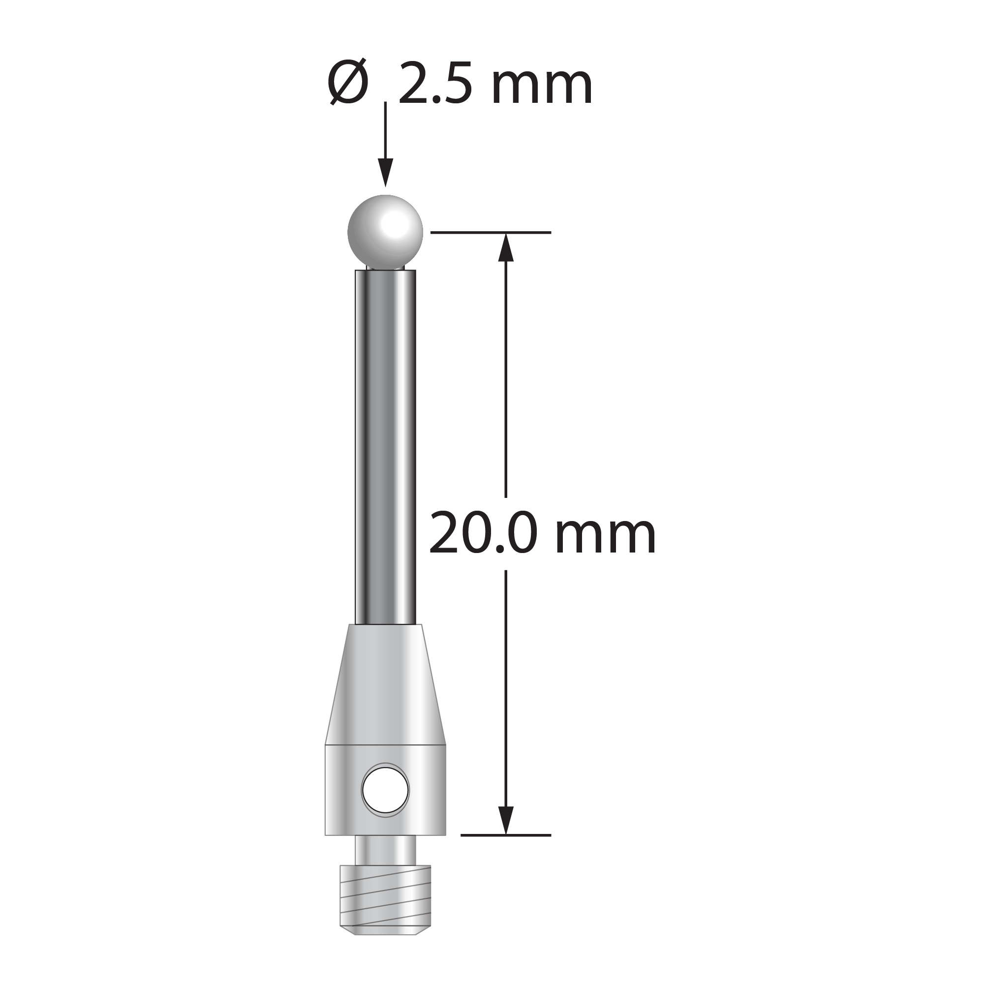 M3 stylus with 2.5 mm diameter zirconia ball, 2.0 mm diameter carbide stem, and 4.0 mm diameter x 7.0 mm long stainless steel base. Stylus length to ball center is 20.0 mm. Stylus weight is 1.10 grams.