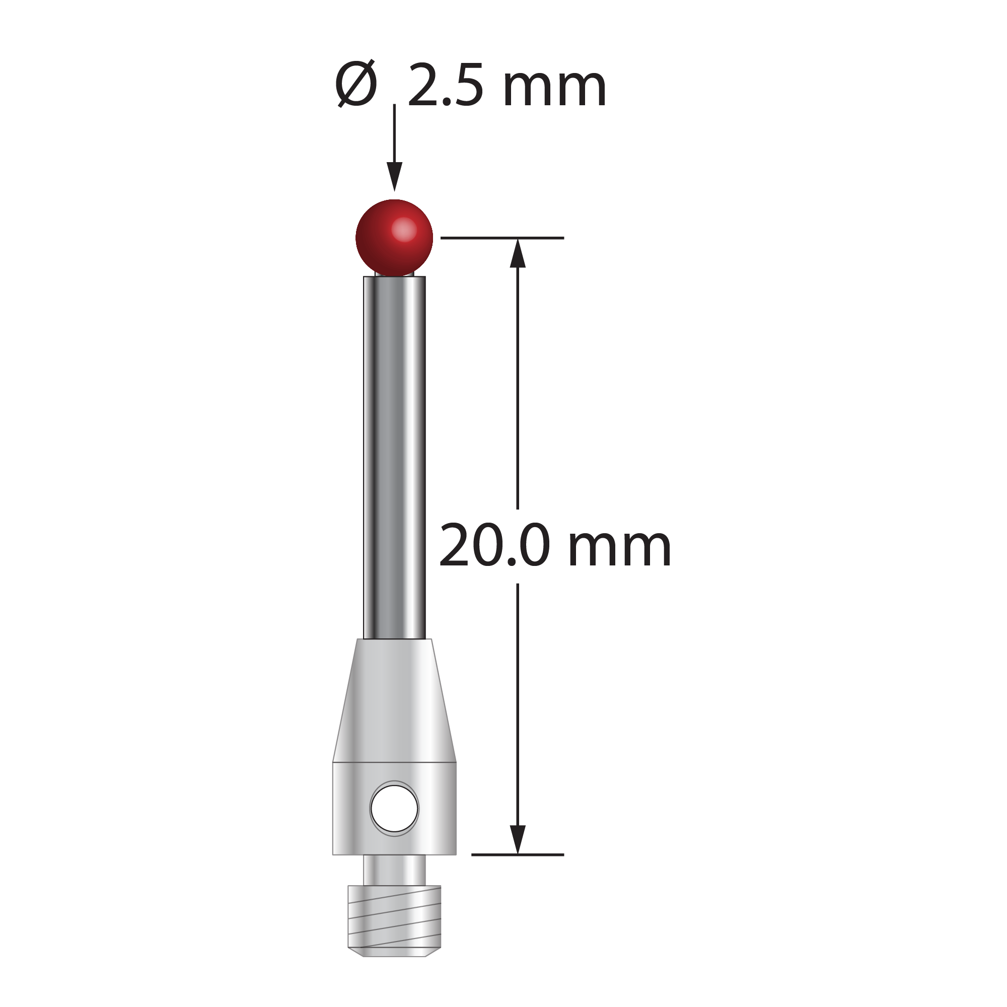 3 stylus with 2.5 mm diameter ruby ball, 2.0 mm diameter carbide stem, and 4.0 mm diameter x 7.0 mm long stainless steel base. Stylus length to ball center is 20.0 mm. Stylus weight is 1.10 grams. Compare to Renishaw A-5003-0054.