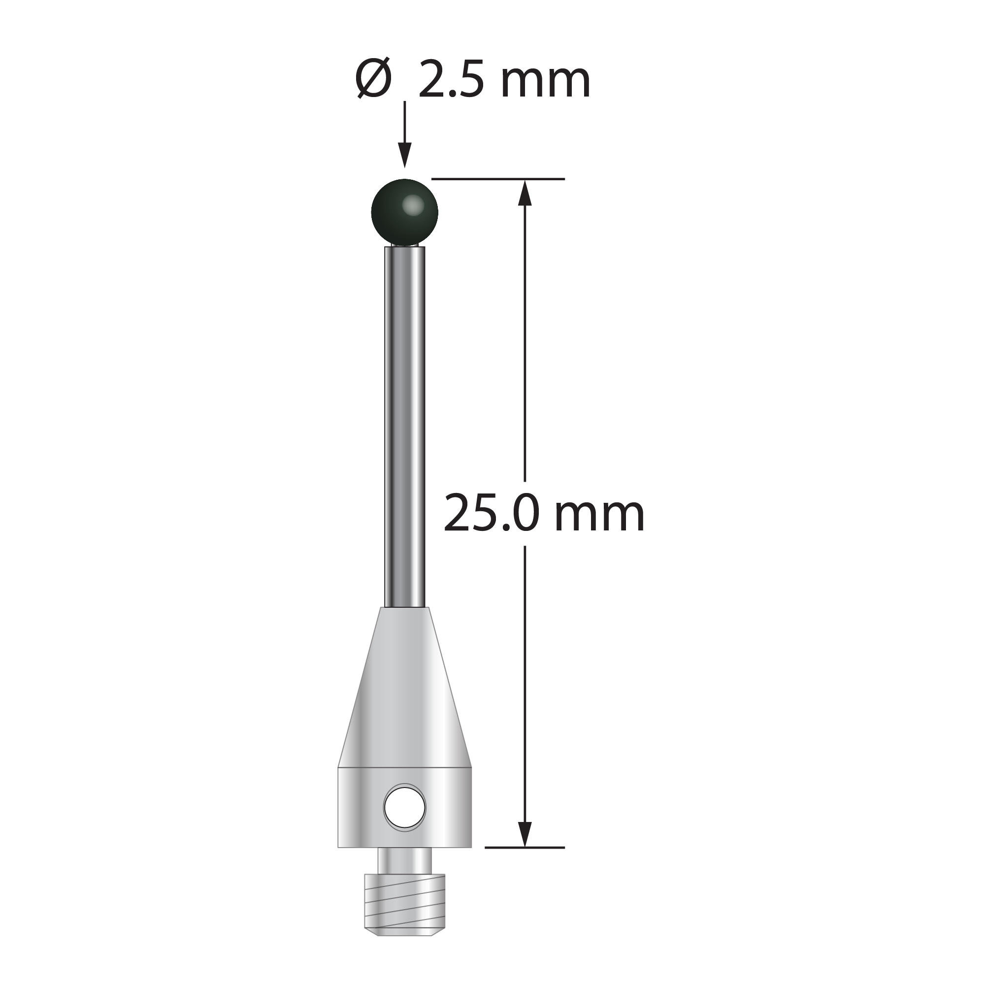 M3 XXT stylus with 2.5 mm diameter silicon nitride ball, 1.5 mm diameter carbide stem, and 5.0 mm diameter x 9.0 mm long titanium base. Overall stylus length is 25.0 mm. Stylus weight is 0.91 gram. Compare to Zeiss 626113-0251-020.