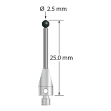M3 XXT stylus with 2.5 mm diameter silicon nitride ball, 1.5 mm diameter carbide stem, and 5.0 mm diameter x 9.0 mm long titanium base. Overall stylus length is 25.0 mm. Stylus weight is 0.91 gram. Compare to Zeiss 626113-0251-020.