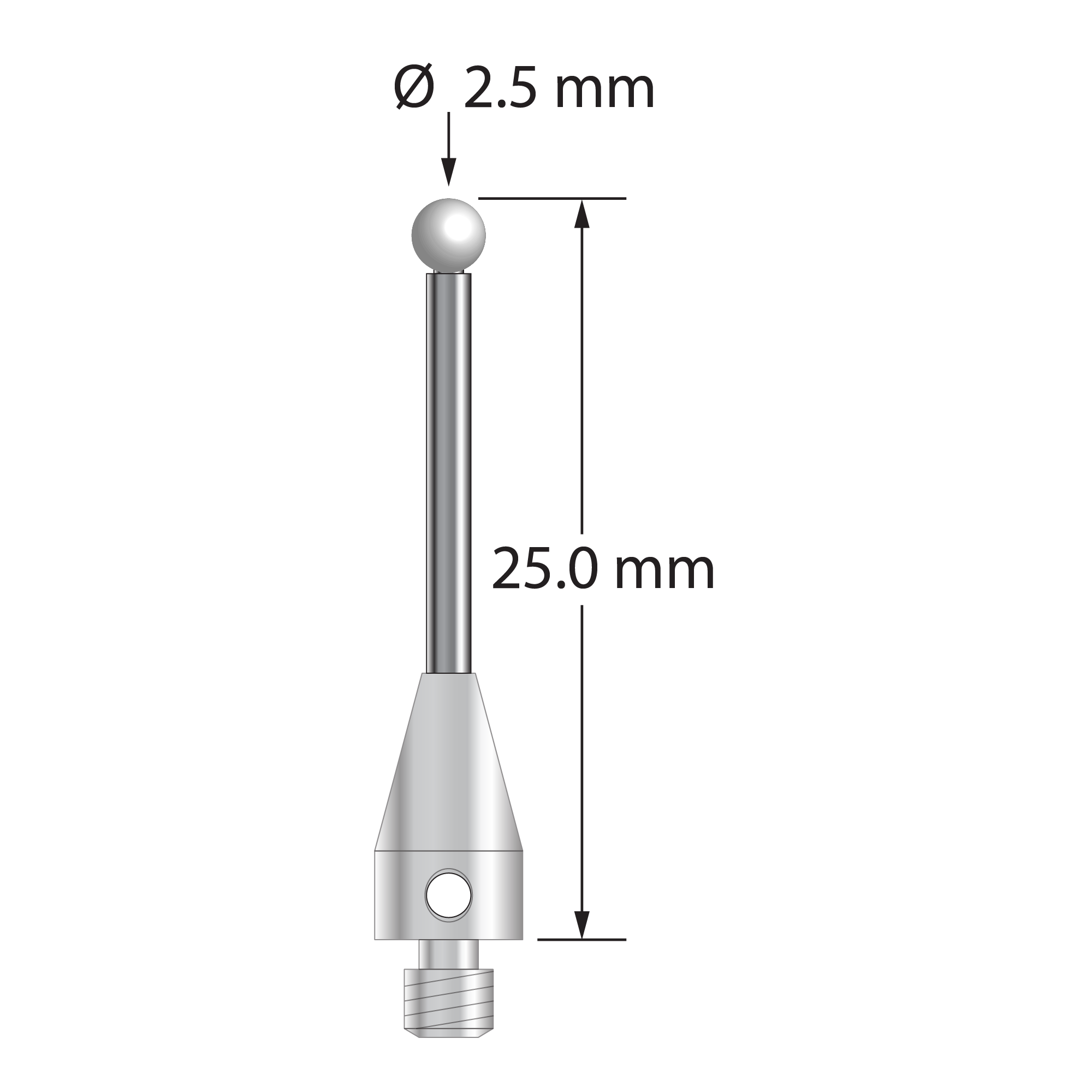 M3 stylus with 2.5 mm diameter zirconia ball, 1.5 mm diameter carbide stem, and 5.0 mm diameter x 9.0 mm long titanium base. Overall stylus length is 25.0 mm. Stylus weight is 0.91 gram.