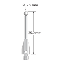M3 stylus with 2.5 mm diameter zirconia ball, 1.5 mm diameter carbide stem, and 5.0 mm diameter x 9.0 mm long titanium base. Overall stylus length is 25.0 mm. Stylus weight is 0.91 gram.