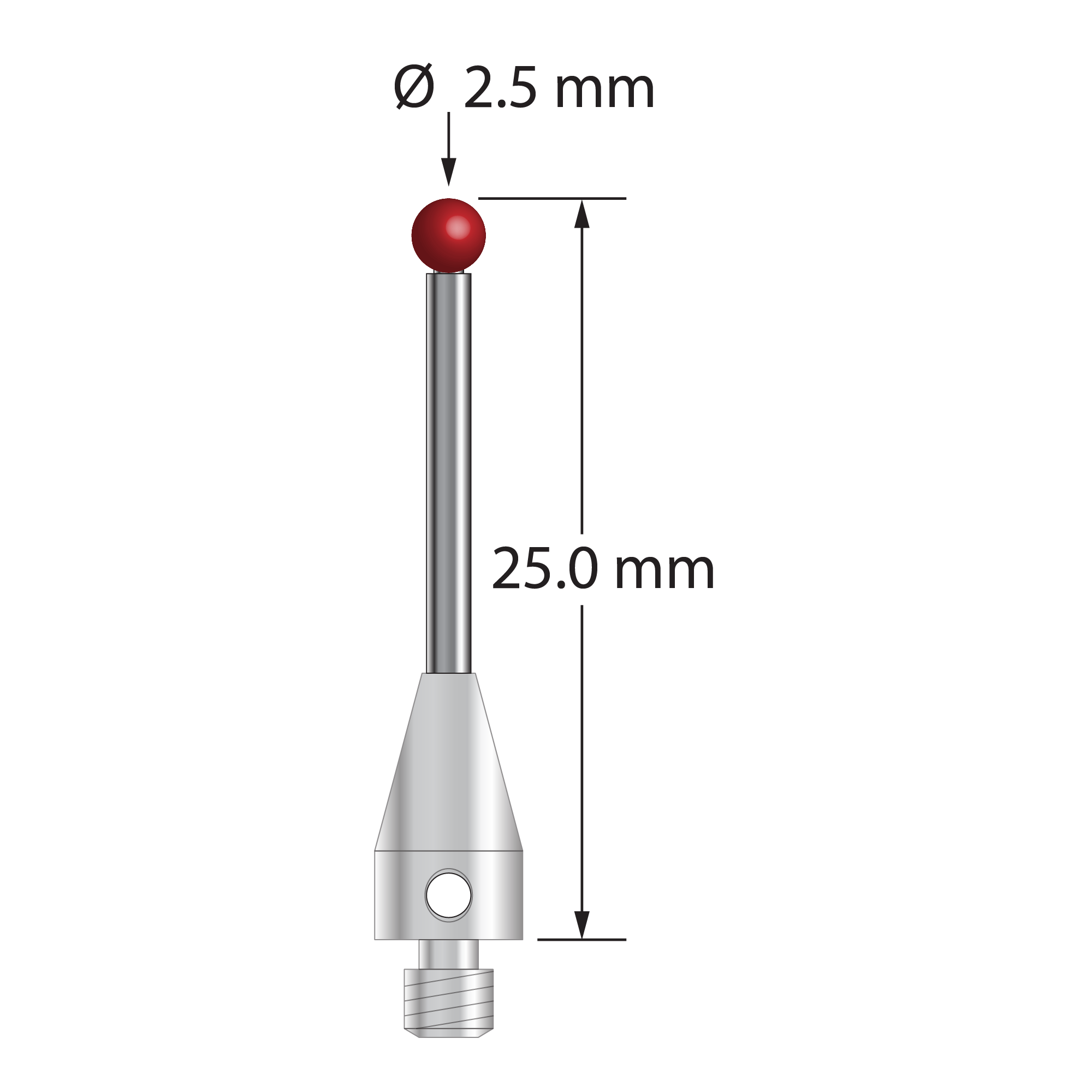 M3 XXT stylus with 2.5 mm diameter ruby ball, 1.5 mm diameter carbide stem, and 5.0 mm diameter x 9.0 mm long titanium base. Overall stylus length is 25.0 mm. Stylus weight is 0.91 gram. Compare to Zeiss 626113-0250-025.