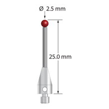 M3 XXT stylus with 2.5 mm diameter ruby ball, 1.5 mm diameter carbide stem, and 5.0 mm diameter x 9.0 mm long titanium base. Overall stylus length is 25.0 mm. Stylus weight is 0.91 gram. Compare to Zeiss 626113-0250-025.