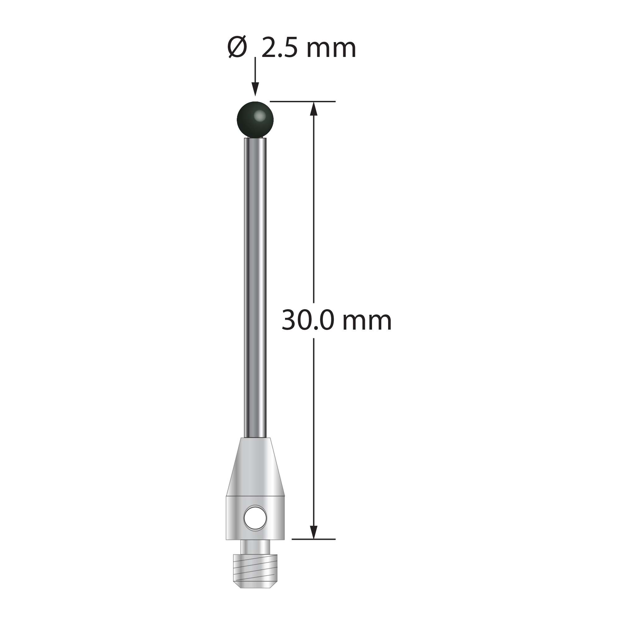M3 stylus with 2.5 mm diameter silicon nitride ball, 1.5 mm diameter carbide stem, and 4.0 mm diameter x 7.0 mm long stainless steel base. Overall stylus length is 30.0 mm. Stylus weight is 1.19 grams.