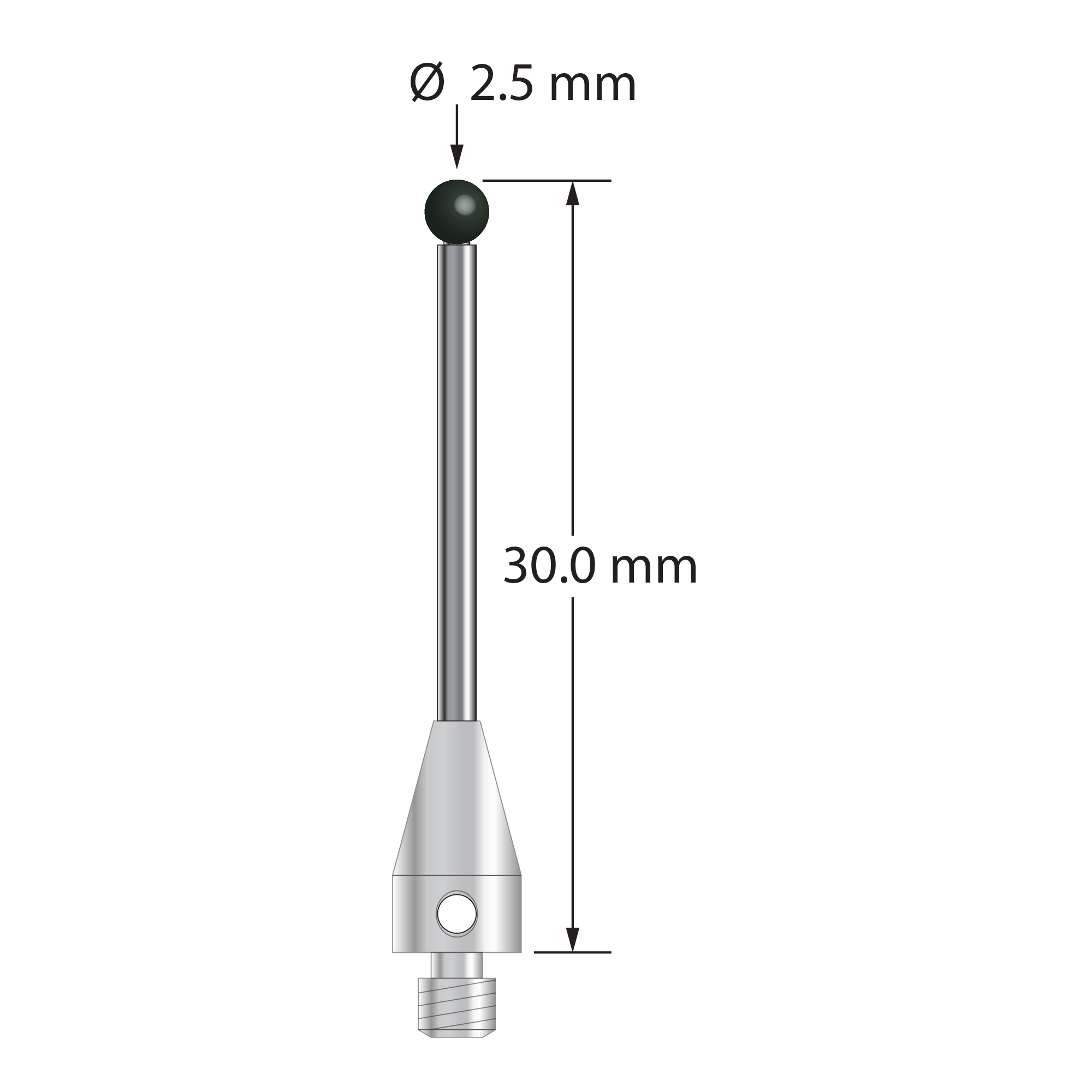 M3 XXT stylus with 2.5 mm diameter silicon nitride ball, 1.5 mm diameter carbide stem, and 5.0 mm diameter x 9.0 mm long titanium base. Overall stylus length is 30.0 mm. Stylus weight is 1.03 grams. Compare to Zeiss 626113-0252-030.