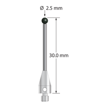 M3 XXT stylus with 2.5 mm diameter silicon nitride ball, 1.5 mm diameter carbide stem, and 5.0 mm diameter x 9.0 mm long titanium base. Overall stylus length is 30.0 mm. Stylus weight is 1.03 grams. Compare to Zeiss 626113-0252-030.