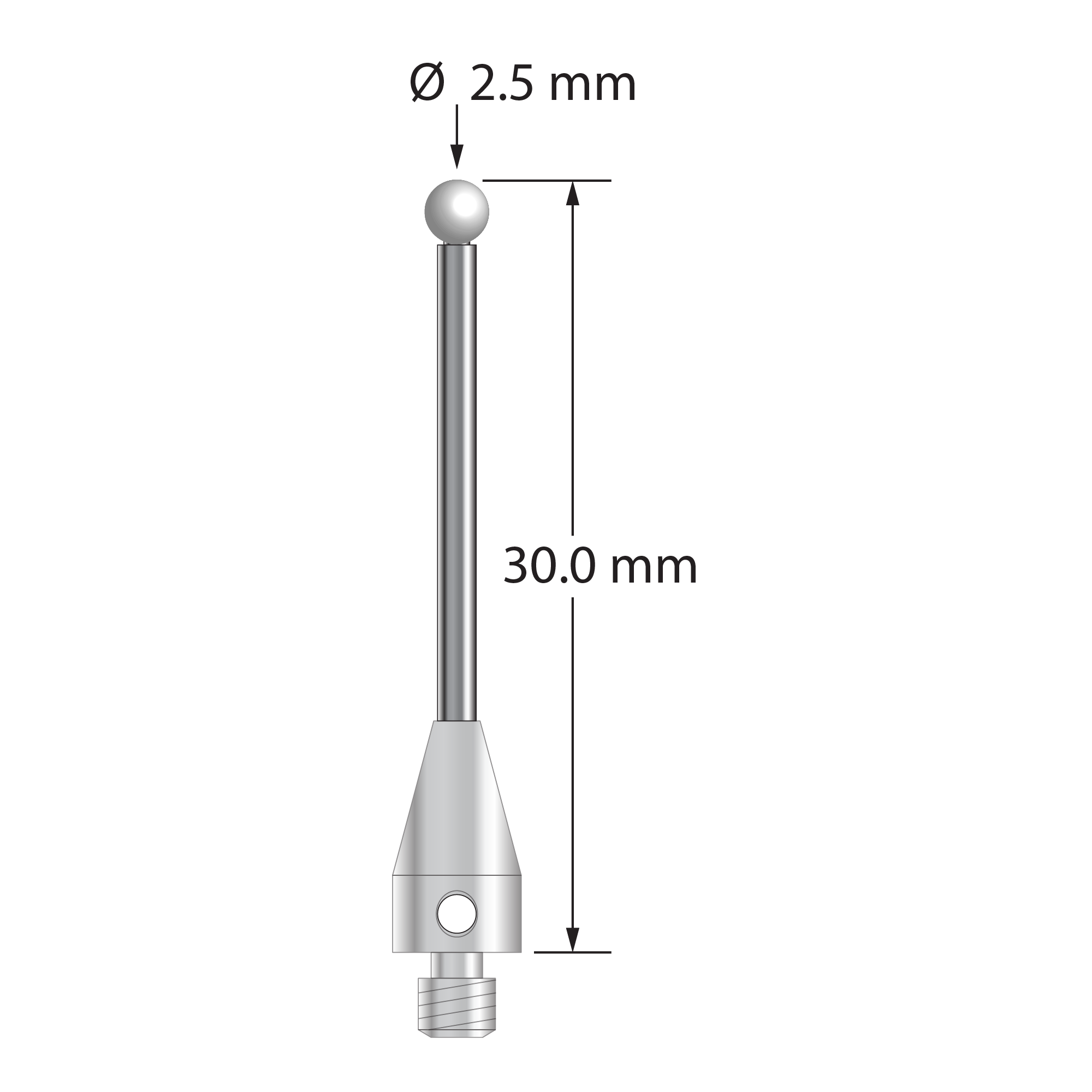 M3 XXT stylus with 2.5 mm diameter zirconia ball, 1.5 mm diameter carbide stem, and 5.0 mm diameter x 9.0 mm long titanium base. Overall stylus length is 30.0 mm. Stylus weight is 1.03 grams.