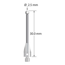 M3 XXT stylus with 2.5 mm diameter zirconia ball, 1.5 mm diameter carbide stem, and 5.0 mm diameter x 9.0 mm long titanium base. Overall stylus length is 30.0 mm. Stylus weight is 1.03 grams.