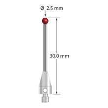 M3 XXT stylus with 2.5 mm diameter ruby ball, 1.5 mm diameter carbide stem, and 5.0 mm diameter x 9.0 mm long titanium base. Overall stylus length is 30.0 mm. Stylus weight is 1.03 grams. Compare to Zeiss 626113-0250-030.