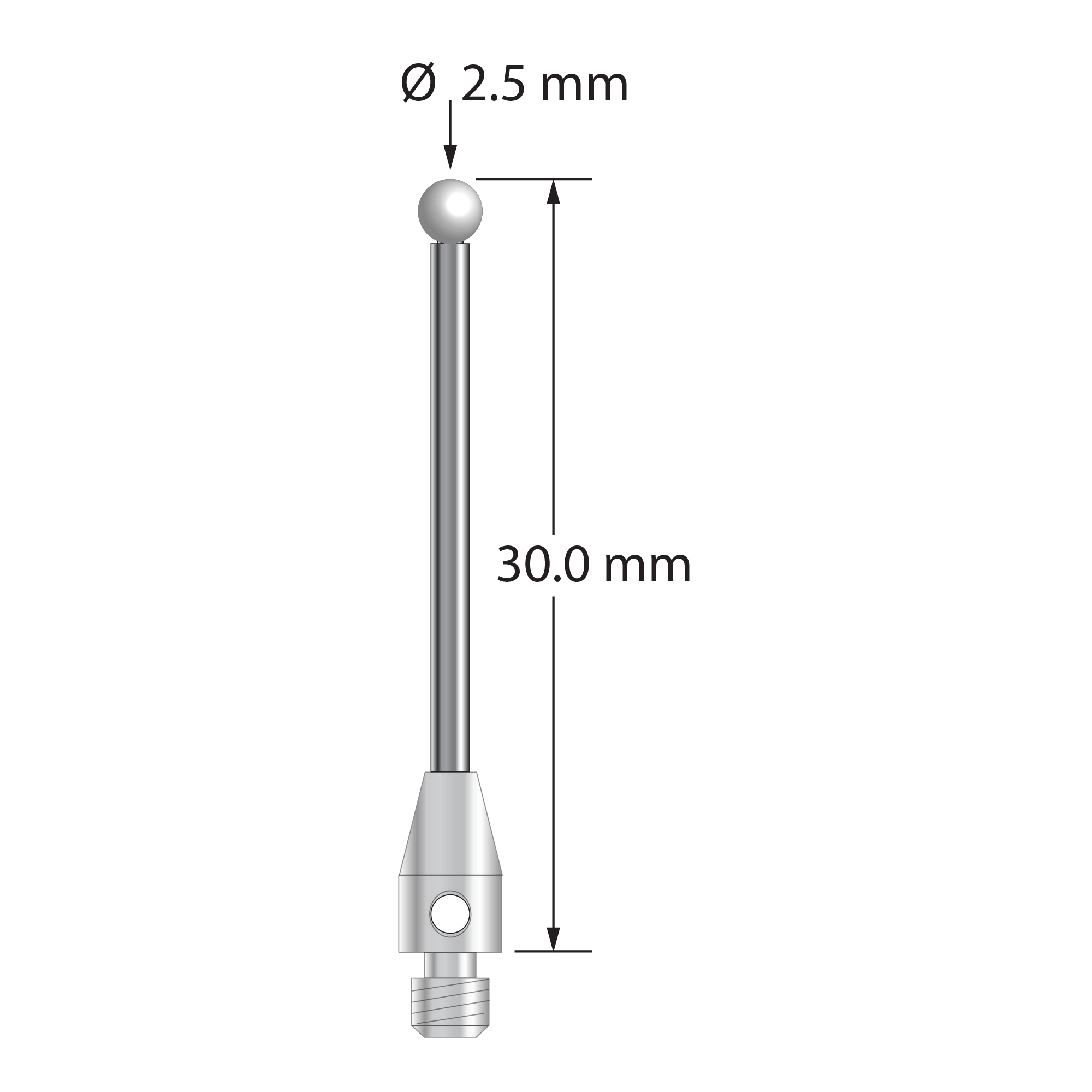 M3 stylus with 2.5 mm diameter zirconia ball, 1.5 mm diameter carbide stem, and 4.0 mm diameter x 7.0 mm long stainless steel base. Overall stylus length is 30.0 mm. Stylus weight is 1.19 grams.