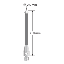 M3 stylus with 2.5 mm diameter zirconia ball, 1.5 mm diameter carbide stem, and 4.0 mm diameter x 7.0 mm long stainless steel base. Overall stylus length is 30.0 mm. Stylus weight is 1.19 grams.
