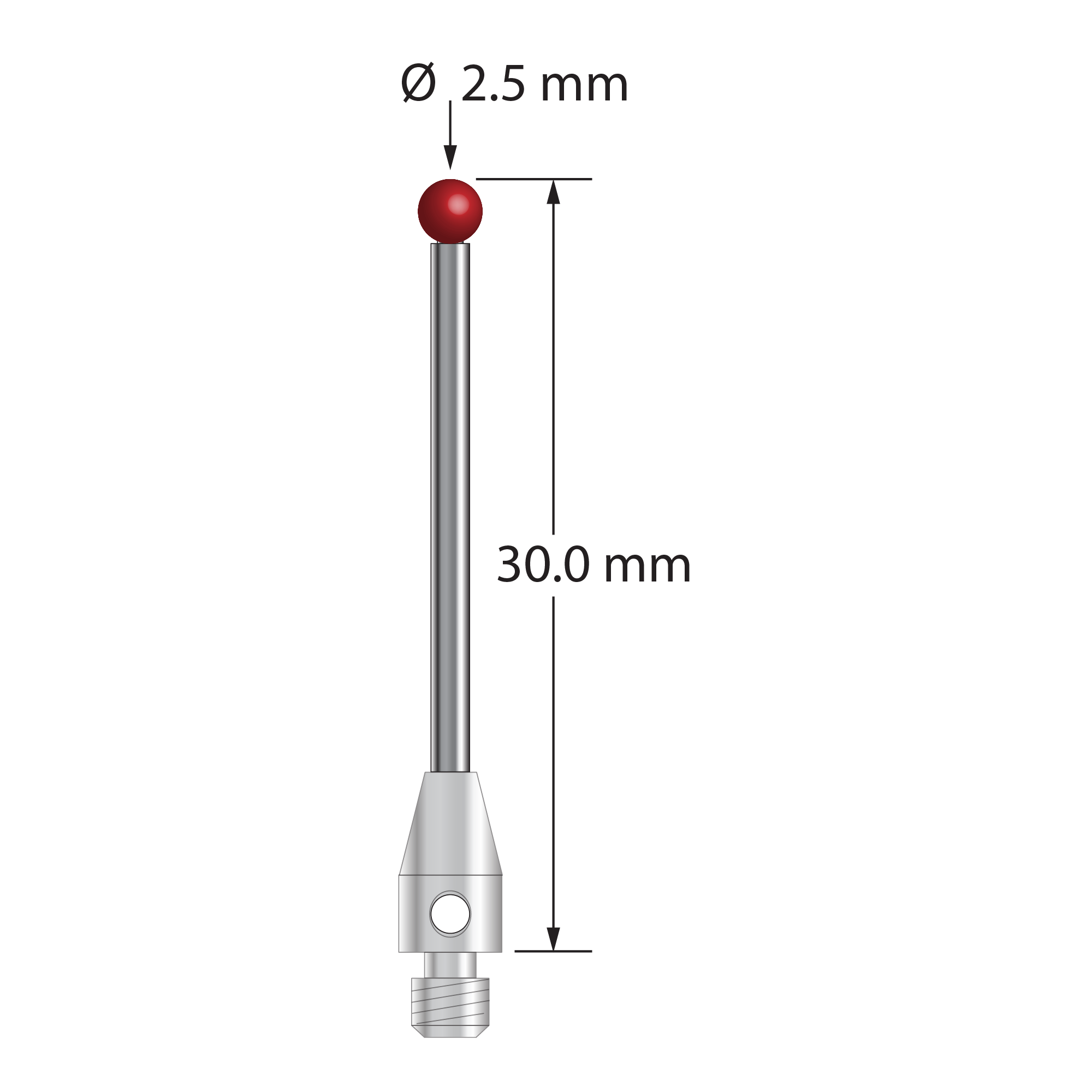 M3 stylus with 2.5 mm diameter ruby ball, 1.5 mm diameter carbide stem, and 4.0 mm diameter x 7.0 mm long stainless steel base. Overall stylus length is 30.0 mm. Stylus weight is 1.19 grams.