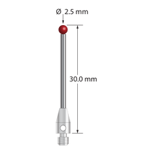 M3 stylus with 2.5 mm diameter ruby ball, 1.5 mm diameter carbide stem, and 4.0 mm diameter x 7.0 mm long stainless steel base. Overall stylus length is 30.0 mm. Stylus weight is 1.19 grams.