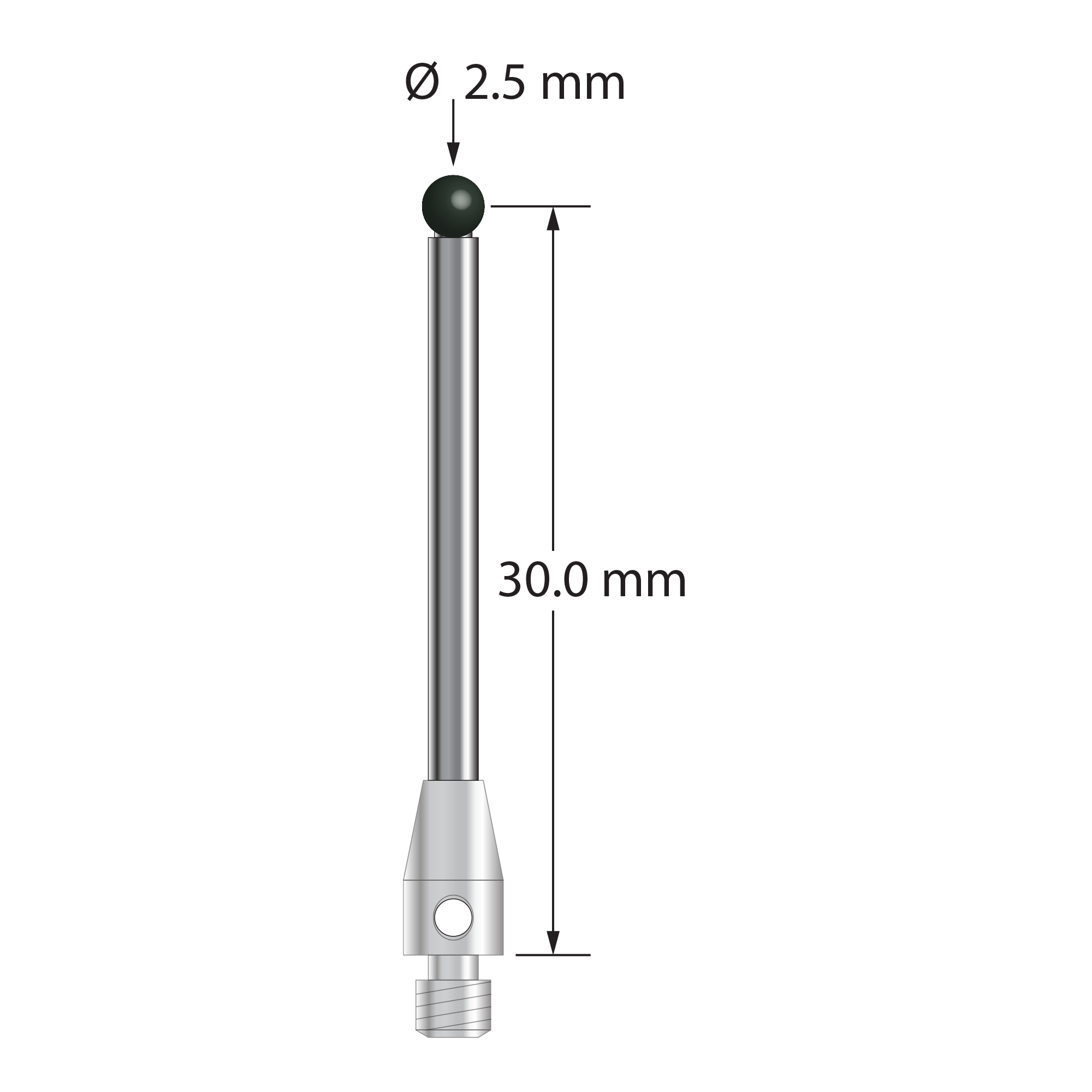 M3 stylus with 2.5 mm diameter silicon nitride ball, 2.0 mm diameter carbide stem, and 4.0 mm diameter x 7.0 mm long stainless steel base. Stylus length to ball center is 30.0 mm. Stylus weight is 1.77 grams.