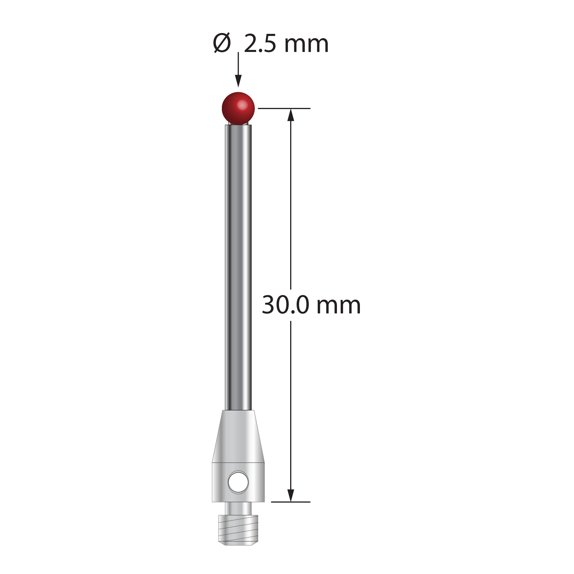 M3 stylus with 2.5 mm diameter ruby ball, 2.0 mm diameter carbide stem, and 4.0 mm diameter x 7.0 mm long stainless steel base. Stylus length to ball center is 30.0 mm. Stylus weight is 1.77 grams. Compare to Renishaw A-5003-0055, Mitutoyo K651121, and Carbide Probes 805-2.5R.