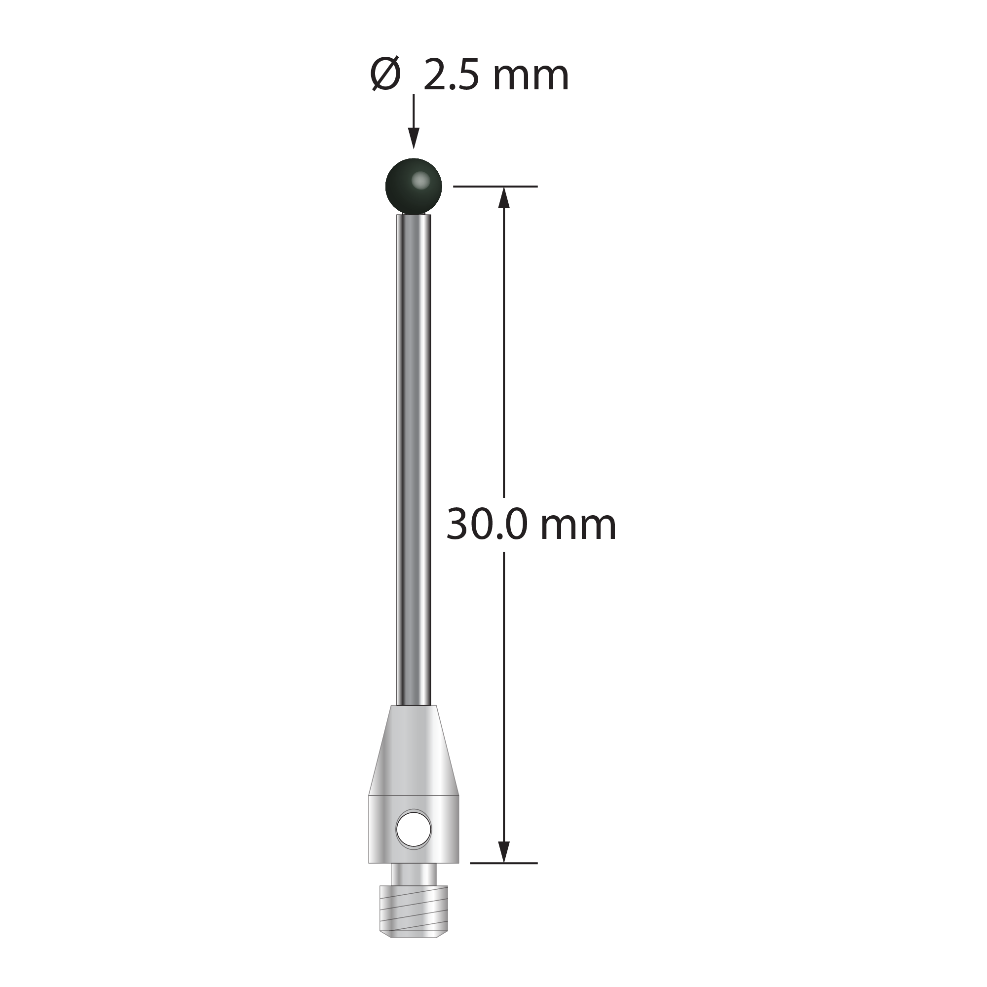 M3 stylus with 2.5 mm diameter silicon nitride ball, 1.5 mm diameter carbide stem, and 4.0 mm diameter x 7.0 mm long stainless steel base. Stylus length to ball center is 30.0 mm. Stylus weight is 1.28 grams.