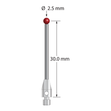M3 stylus with 2.5 mm diameter ruby ball, 1.5 mm diameter carbide stem, and 4.0 mm diameter x 7.0 mm long stainless steel base. Stylus length to ball center is 30.0 mm. Stylus weight is 1.28 grams.