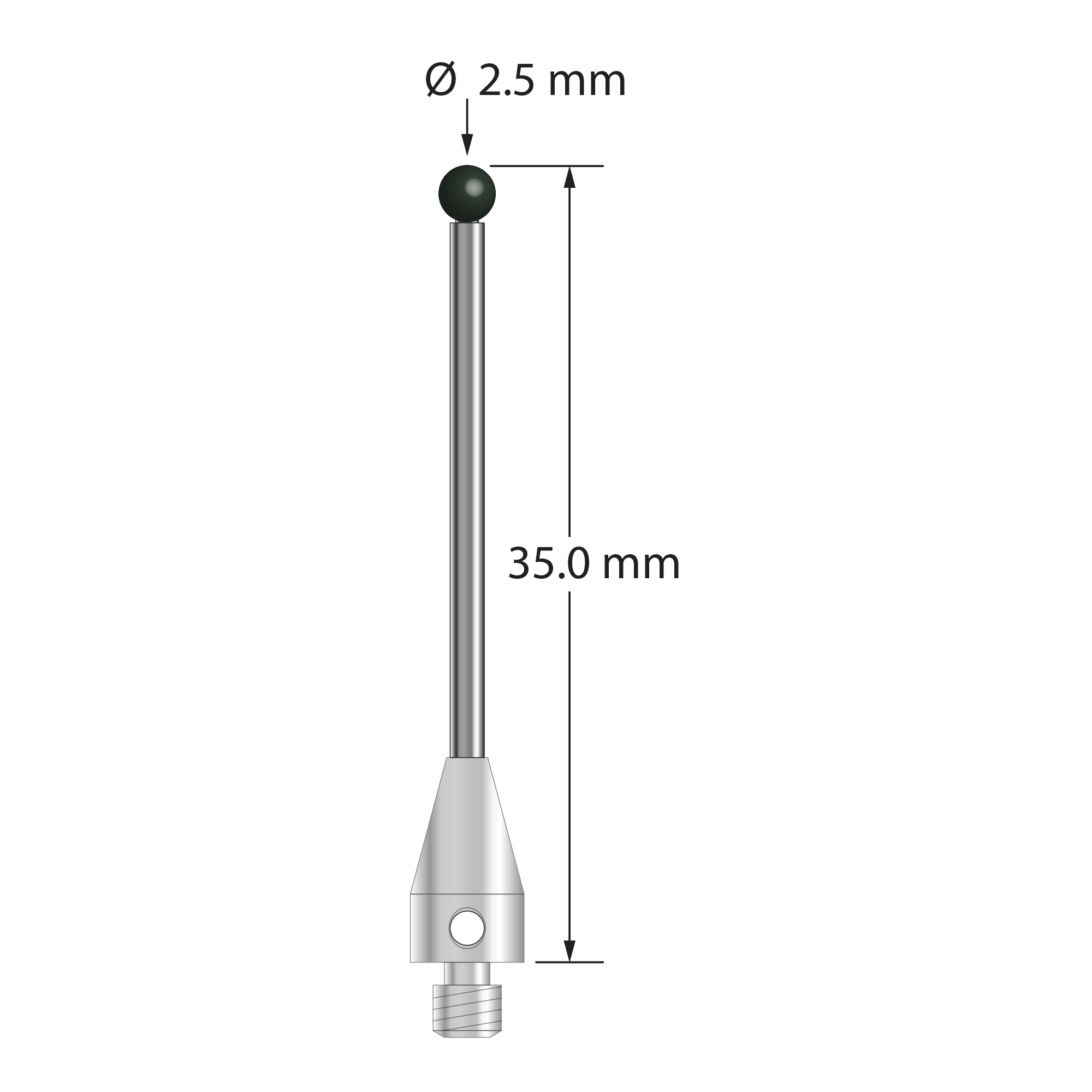 M3 stylus with 2.5 mm diameter silicon nitride ball, 1.5 mm diameter carbide stem, and 5.0 mm diameter x 9.0 mm long titanium base. Overall stylus length is 35.0 mm. Stylus weight is 1.15 grams. Compare to Zeiss 626113-0252-030.