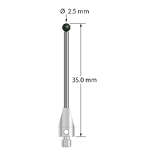 M3 stylus with 2.5 mm diameter silicon nitride ball, 1.5 mm diameter carbide stem, and 5.0 mm diameter x 9.0 mm long titanium base. Overall stylus length is 35.0 mm. Stylus weight is 1.15 grams. Compare to Zeiss 626113-0252-030.