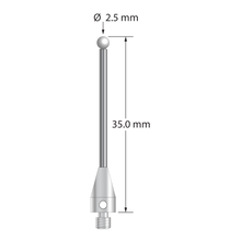 M3 XXT stylus with 2.5 mm diameter zirconia ball, 1.5 mm diameter carbide stem, and 5.0 mm diameter x 9.0 mm long titanium base. Overall stylus length is 35.0 mm. Stylus weight is 1.15 grams.
