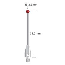 M3 XXT stylus with 2.5 mm diameter ruby ball, 1.5 mm diameter carbide stem, and 5.0 mm diameter x 9.0 mm long titanium base. Overall stylus length is 35.0 mm. Stylus weight is 1.15 grams. Compare to Zeiss 626113-0250-035.
