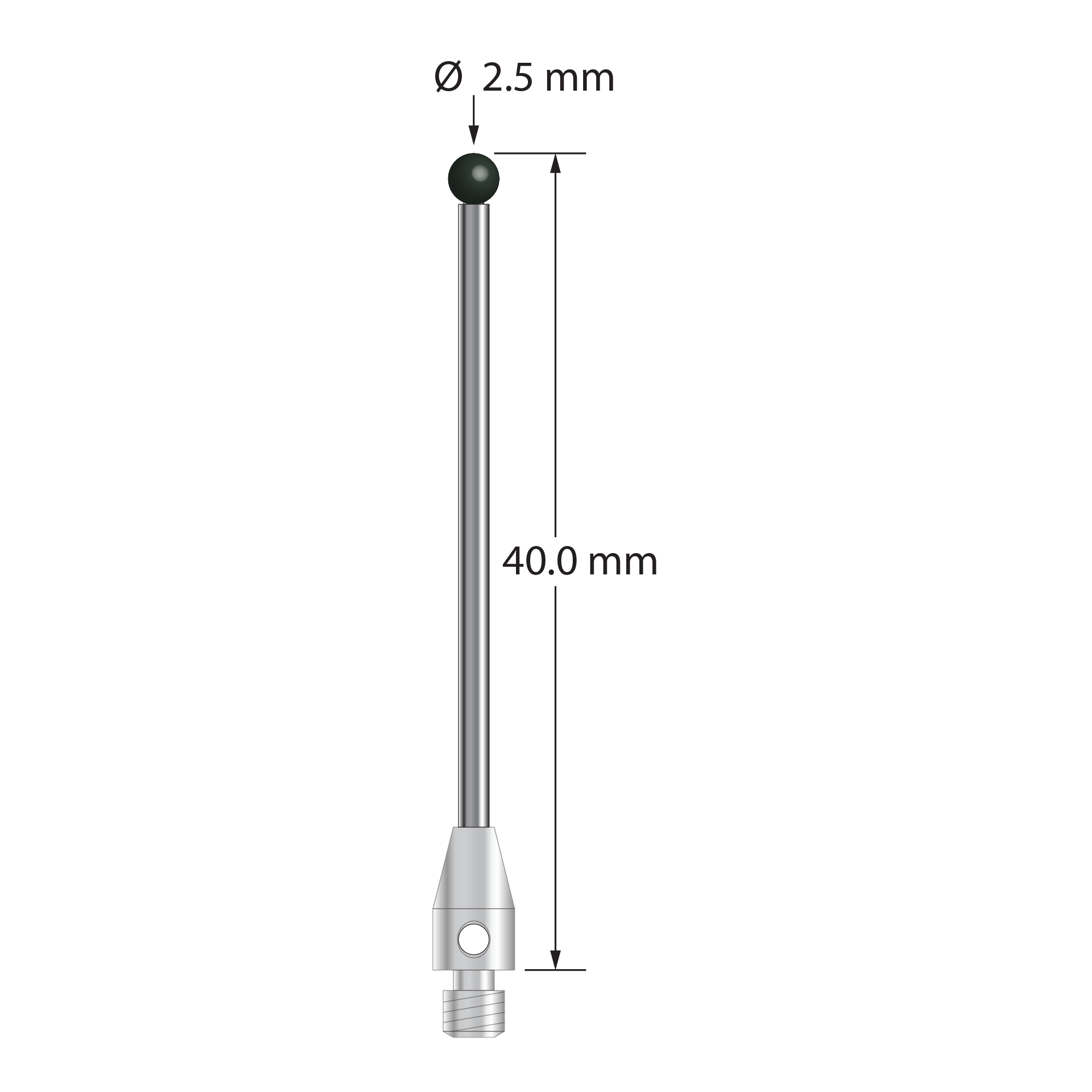 M3 stylus with 2.5 mm diameter silicon nitride ball, 1.5 mm diameter carbide shaft, and 4.0 mm diameter x 7.0 mm long stainless steel base. Overall stylus length is 40.0 mm. Stylus weight is 1.46 grams.