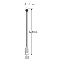 M3 stylus with 2.5 mm diameter silicon nitride ball, 1.5 mm diameter carbide shaft, and 4.0 mm diameter x 7.0 mm long stainless steel base. Overall stylus length is 40.0 mm. Stylus weight is 1.46 grams.