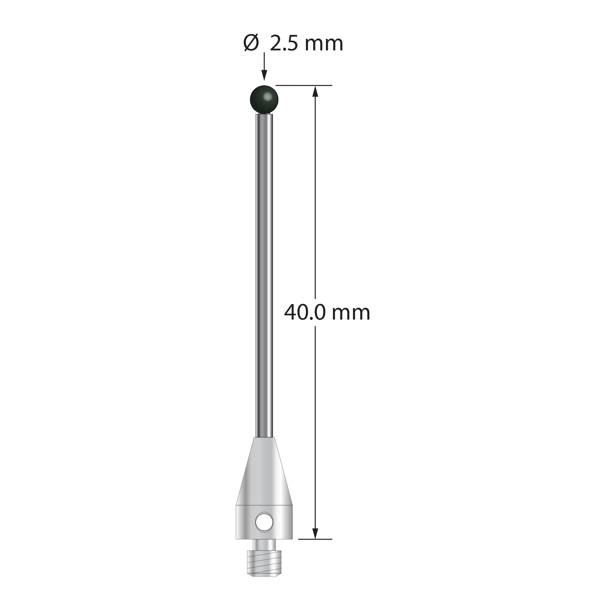 M3 XXT stylus with 2.5 mm diameter silicon nitride ball, 1.5 mm diameter carbide stem, and 5.0 mm diameter x 9.0 mm long titanium base. Overall stylus length is 40.0 mm. Stylus weight is 1.28 grams. Compare to Zeiss 626113-0251-040.