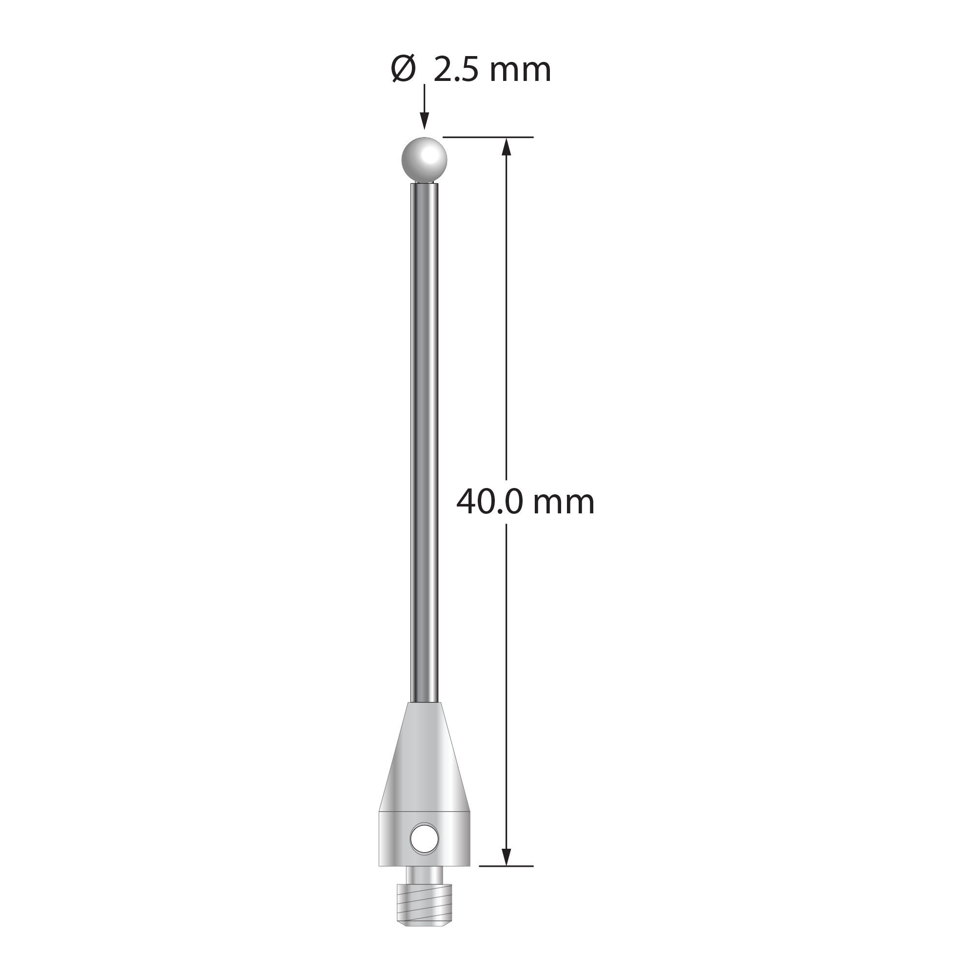 M3 XXT stylus with 2.5 mm diameter zirconia ball, 1.5 mm diameter carbide stem, and 5.0 mm diameter x 9.0 mm long titanium base. Overall stylus length is 40.0 mm. Stylus weight is 1.28 grams.