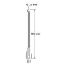 M3 XXT stylus with 2.5 mm diameter zirconia ball, 1.5 mm diameter carbide stem, and 5.0 mm diameter x 9.0 mm long titanium base. Overall stylus length is 40.0 mm. Stylus weight is 1.28 grams.