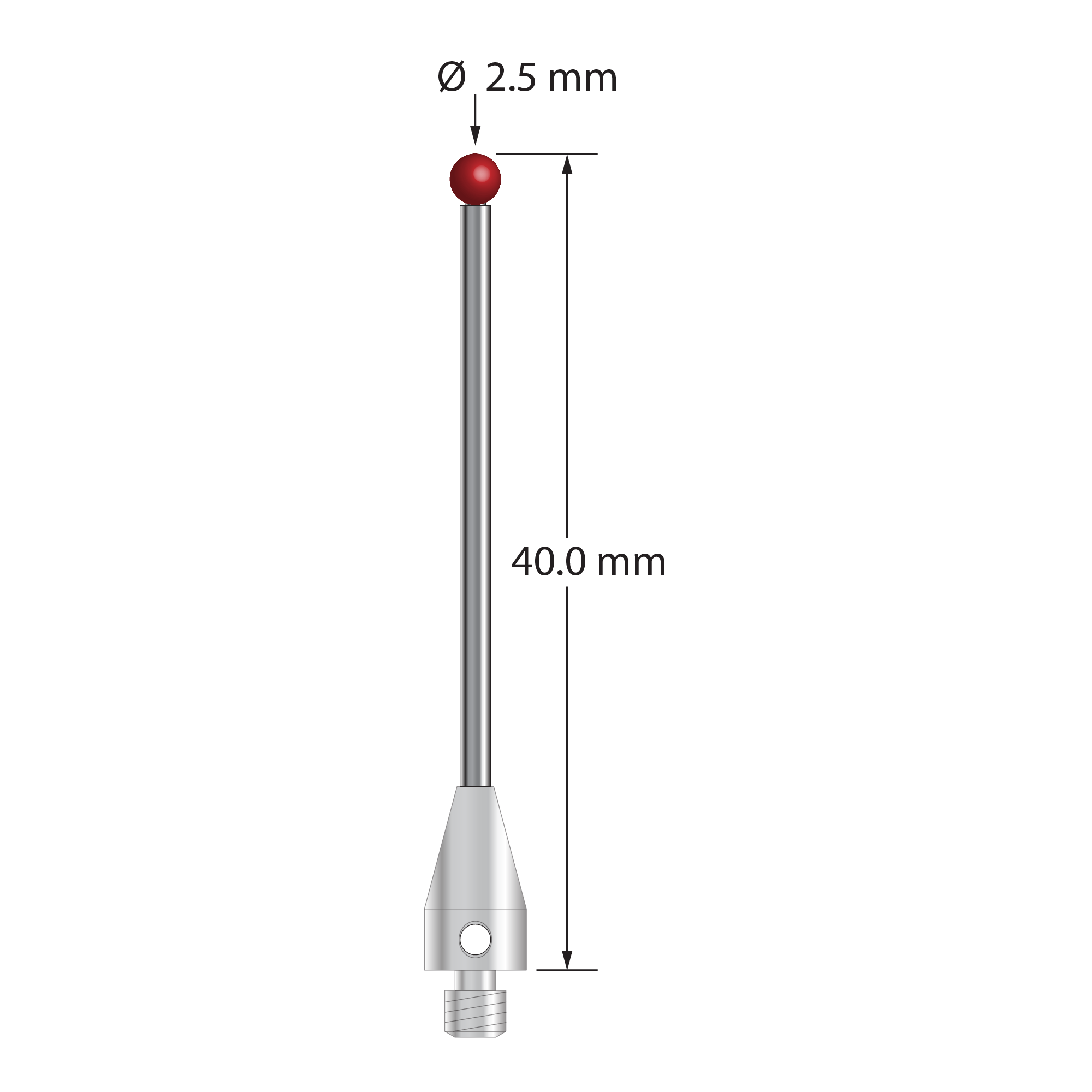 M3 XXT stylus with 2.5 mm diameter ruby ball, 1.5 mm diameter carbide stem, and 5.0 mm diameter x 9.0 mm long titanium base. Overall stylus length is 40.0 mm. Stylus weight is 1.28 grams. Compare to Zeiss 626113-0250-040.