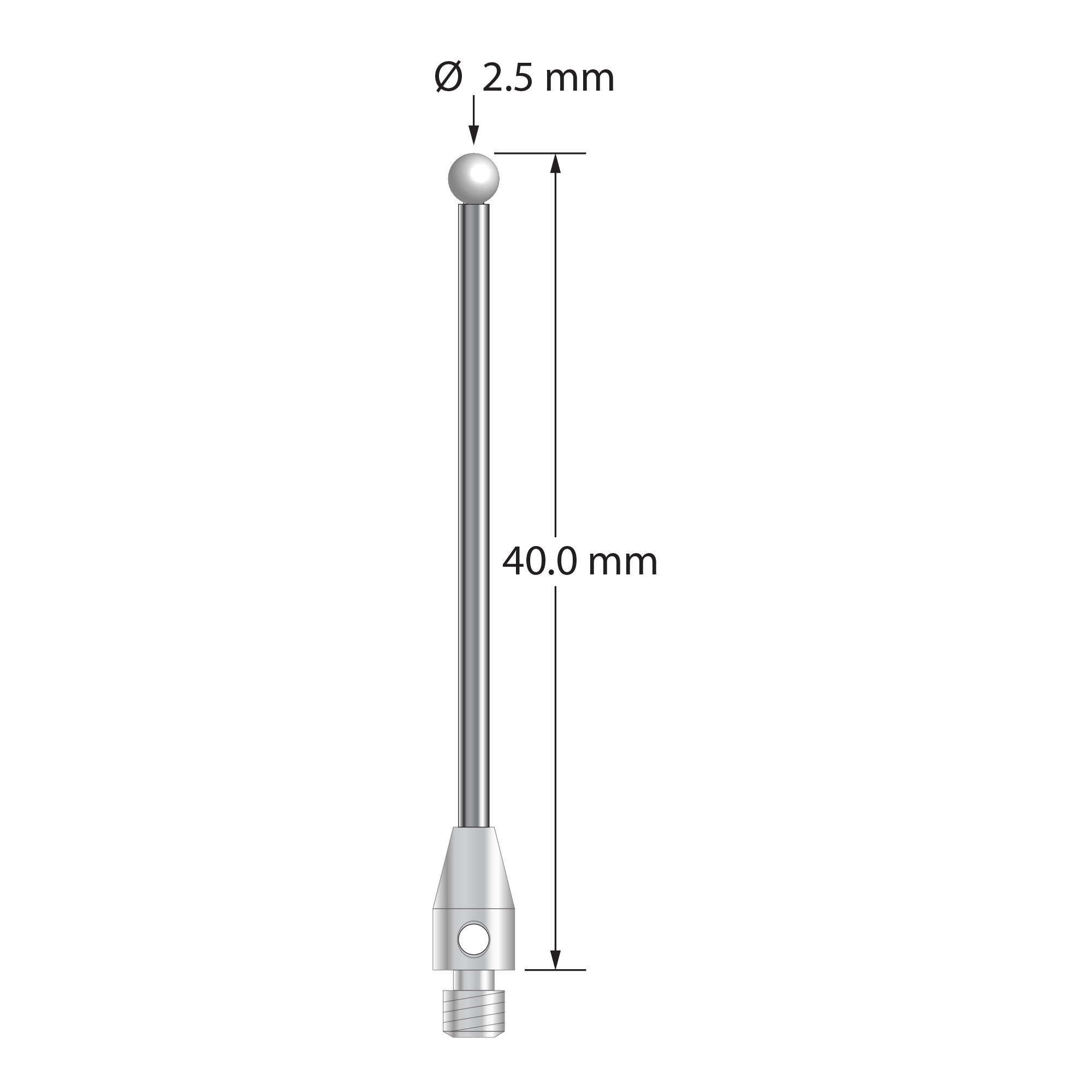 M3 stylus with 2.5 mm diameter zirconia ball, 1.5 mm diameter carbide shaft, and 4.0 mm diameter x 7.0 mm long stainless steel base. Overall stylus length is 40.0 mm. Stylus weight is 1.46 grams.